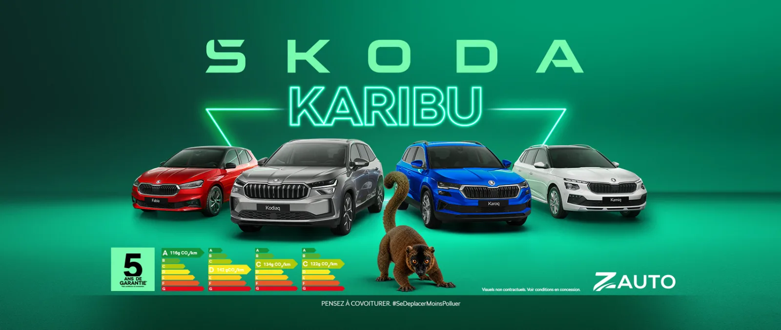 Gamme des Journées Karibu chez Škoda Mayotte : Fabia rouge, Kodiaq gris, Karoq bleu et Kamiq blanc